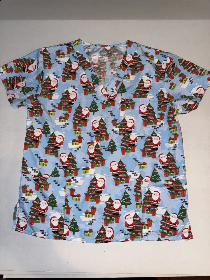 I Love Scrubs Uniform Scrub Top Shirt CHRISTMAS CHEER Christmas Tree Large Santa - Image 1 of 4