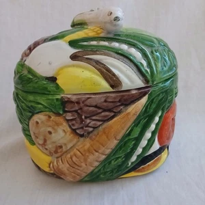 Vintage Arias Ceramic Sugar Bowl Farmhouse Vegetables 6" × 6" Signed - Picture 1 of 8