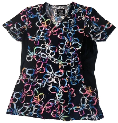 iflex Xherokee Women's Scrub Top Size XS Black with Colorful Butterflies - Image 1 of 4