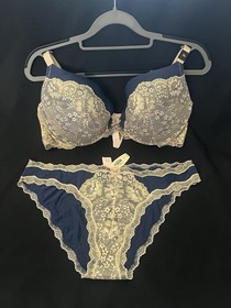 Victoria’s Secret Bra Panty Set 38D L – Push Up Padded Lace Sexy Blue NWT