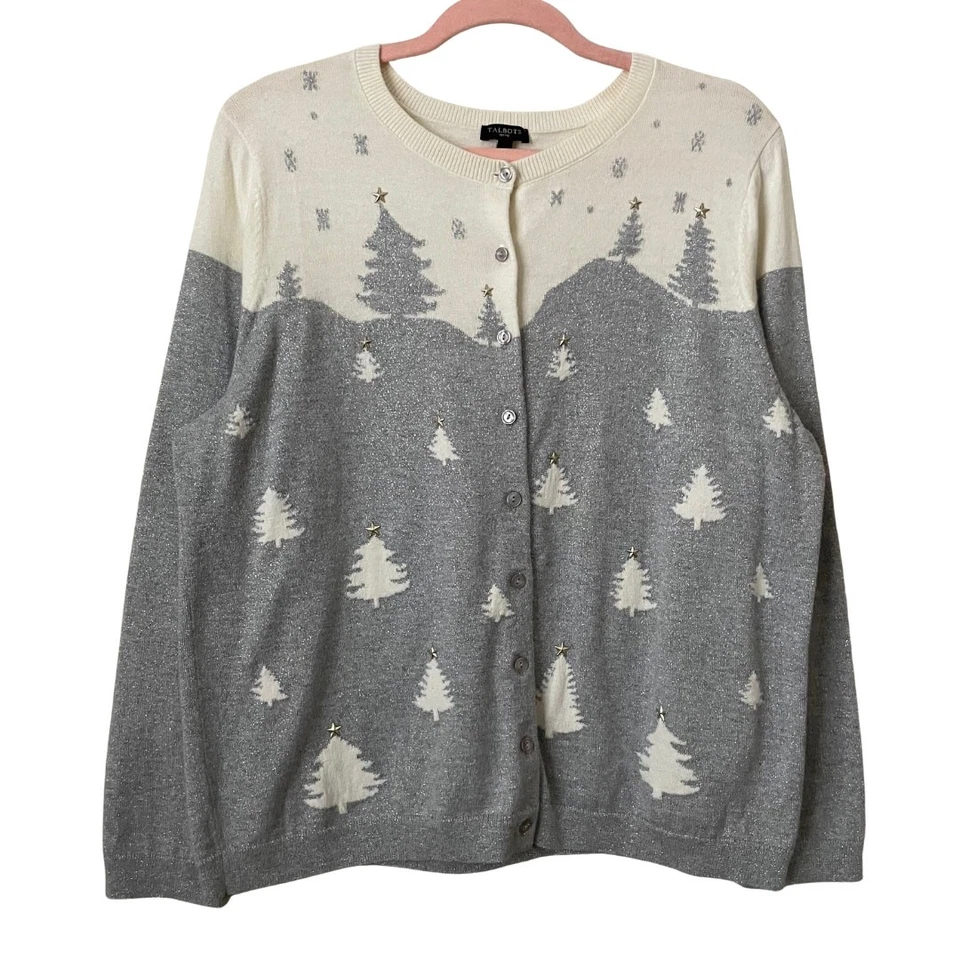 Cárdigan Talbots Mujer XL Pequeño Árbol de Navidad Estrella Suéter Tejido Metálico Foto 1 de 4