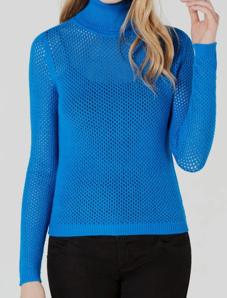 Bar III Women's Perforated Pullover Turtleneck Sweater Blue S