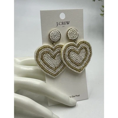J. Crew Factory Beaded Heart Statement White Pearl Multi Gold Plated Earring New - Image 1 of 4