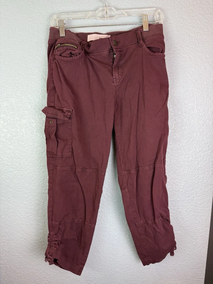 Pantalones Sonoma para mujer 4 bolsillos utilitarios de carga borgoña dobladillo elástico con cordón Foto 1 de 4