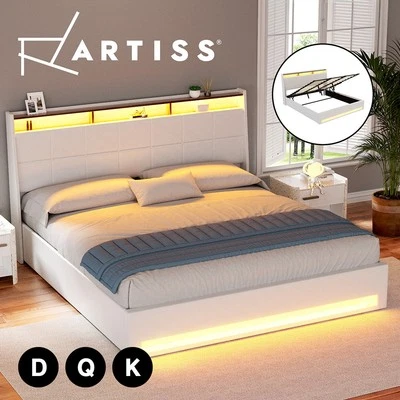 Artiss Bed Frame Gas Lift LED Beds Base White PVC Leather Storage Headboard - image 1 of 4