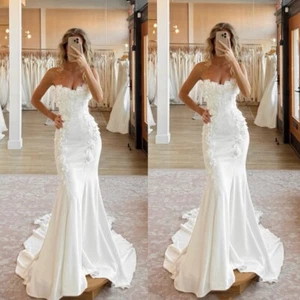 Satin Mermaid Wedding Dresses Strapless Sweep Train 3D Lace Flowers Bridal Gown - Picture 1 of 9