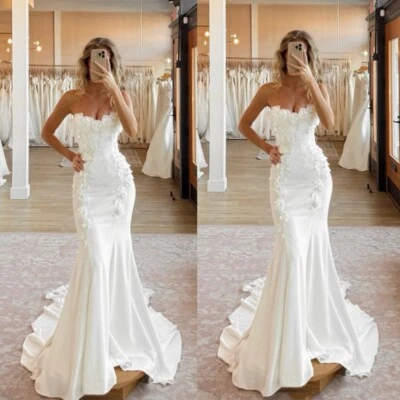 Vestidos de novia de sirena de satén sin tirantes tren de barrido 3D encaje flores vestido de novia Foto 1 de 4