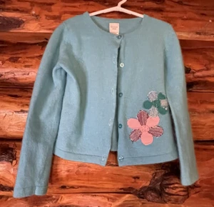 Garnet Hill Blue Wool Cardigan With Floral Appliqué Girls Size Medium - Picture 1 of 4