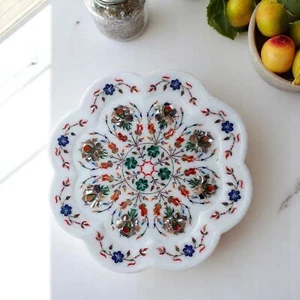 10" Luxury Marble Inlay Serving Plate Floral Marquetry Art Tray for Kitchen Deco - Picture 1 of 6