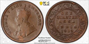 1919(C) India British 1/4 An PCGS VF20 SW-8.349 432819.20/45593300 George V King - Picture 1 of 3
