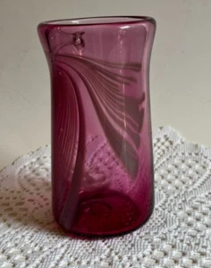 SCOTT ROBINSON '86 SIGNED HAND BLOWN CLEAR PURPLE SWIRL TUMBLER GLASS ~ 6" TALL - Picture 1 of 11
