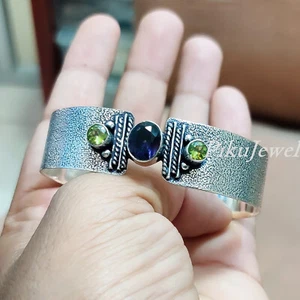 Amethyst With Apple Green Peridot Gemstone 925 Sterling Silver Big Bangle Cuff - Picture 1 of 9