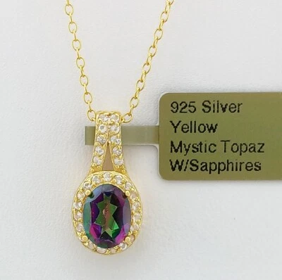 LAB CREATED 1.60 Cts MYSTIC TOPAZ & WHITE SAPPHIRES NECKLACE .925 Silver - NWT - Image 1 of 4