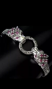 Heated Round Ruby Marcasite Gemstone 925 Sterling Silver Tiger Jewelry Bracelet - Picture 1 of 10