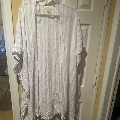 Kimono a rayas abierto talla única Cynthia Rowley Coverup para mujer azul crema lino Foto 1 de 4