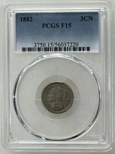 1882 THREE CENT NICKEL - PCGS F-15, TOUGH DATE! - Picture 1 of 3