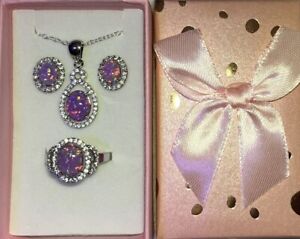 Stunning Lavender Purple Fire Opal CZ Necklace, Earrings, & Halo Ring Size 8 Set
