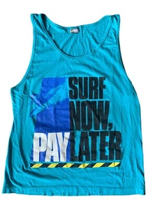 Vintage 90’s Surf Single Stitch Tank Top Shirt SURF NOW PAY LATER Turquoise Blue - Picture 1 of 3