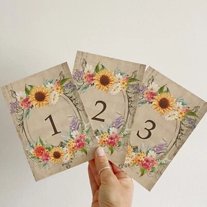 Sunflower Wedding Table Numbers Names Cards - Vintage Wild Flowers - Picture 1 of 5