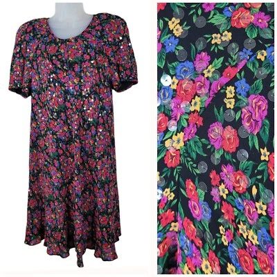 Vintage 90s Sequin Shirt Dress Size Medium Large Floral Grunge Alt Pink Red Rose - Image 1 of 4