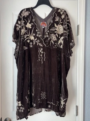 JOHNNY WAS MAREE VELVET EMBROIDERED FLORAL BROWN TAUPE KAFTAN XL BOHO HIPPIE  - Image 1 of 4