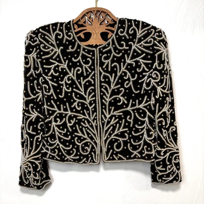 Chaqueta de Colección Scala Cuentas Elegante Seda Negro Perlas Manga Larga Años 90 Almohadilla para el Hombro Foto 1 de 4