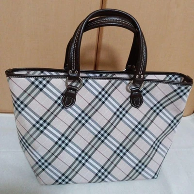 Bolso de Mano Burberry Azul Etiqueta Cuadros Asas de Cuero Nylon Interior Rosa Beige Wo Foto 1 de 4