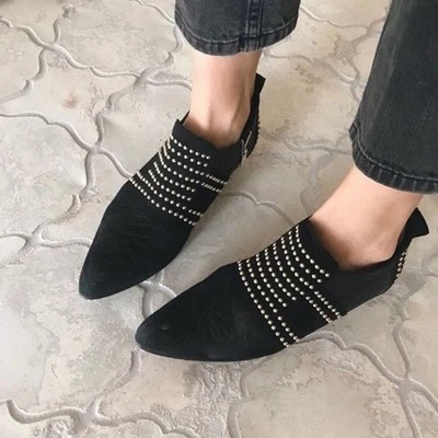 Anine Bing Low Charlie Boots Black Suede Gold Studded Ankle Flat Sz 36 / 6 US - Image 1 of 4