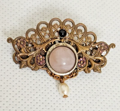 Cabujón de cuarzo vintage filigrana ornamentada con perla sintética pasador colgante Foto 1 de 3