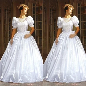 Vintage Wedding Dresses Silk Satin Short Puffy Sleeves Scoop Neck Bridal Gowns - Picture 1 of 9