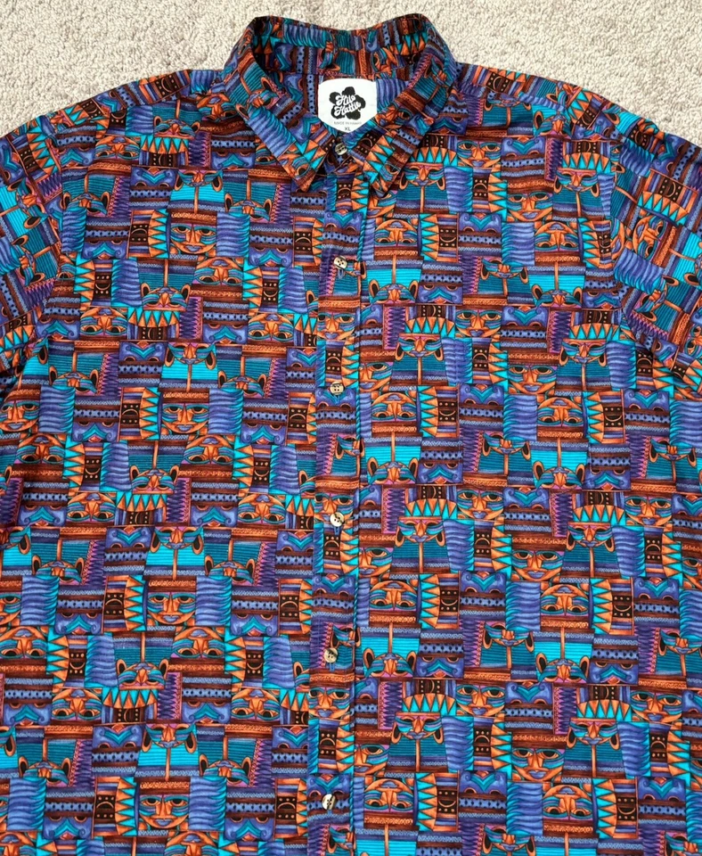 Винтажная гавайская рубашка Hilo Hattie Tiki Face мужская размер XL фиолетовая многоцветная - Изображение 1 из 4