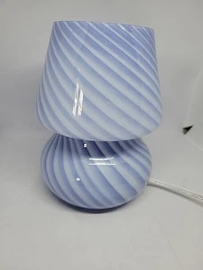Glass Mushroom Lamp Blue Striped Bedside Table Night Lamp Bedroom Decor Light - Picture 1 of 7
