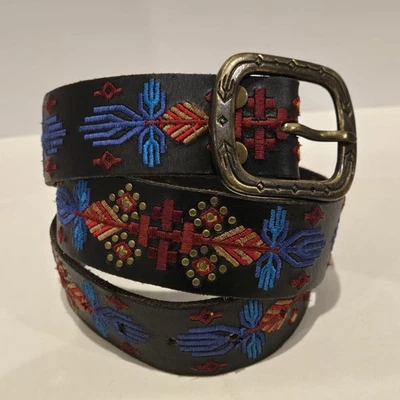 Lucky Brand Leather Embroidered Studded Belt Women Sz M - Image 1 of 4