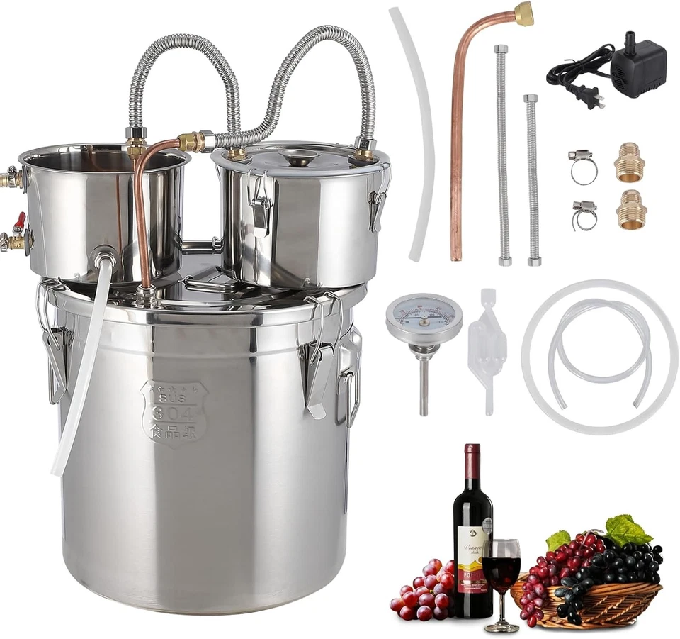 Alambique de alcohol doble frío - destilador de acero inoxidable + tubo de cobre y termómetro Foto 1 de 4