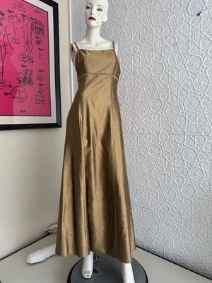 Винтажное платье 1990-х шелк бежевый коричневый золото медь бисером бак платье выпускного вечера Med/small - Изображение 1 из 4