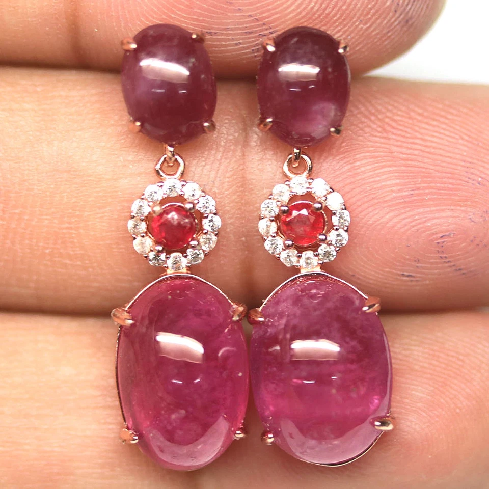 925 Sterling Silver Red Ruby & Cubic Zirconia Earrings Rose Gold Coated - Image 1 of 4