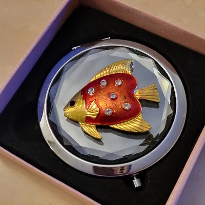 Bejeweled Crystals Folding Compact Purse Mirror Beveled Glass Fish Red & Gold - Image 1 of 4