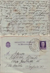 BIGLIETTO POSTALE DA 50 CENT. 1940 DA TORINO X IMPERIA - - Imagen 1 de 2