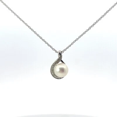 Nuovo Sterling 9mm Perla & .02ct Naturale Collana Ciondolo Diamante (45.7cm) - Immagine 1 di 4