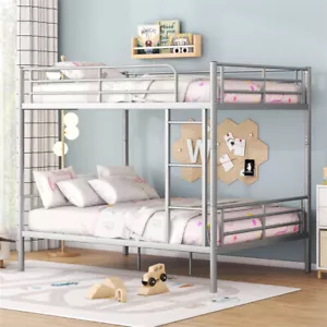 Full Over Full Size Metal Bunk Bed w/Guardrails & Ladder for Kids Adults Bedroom - Picture 1 of 11