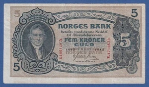 NORUEGA / NORWAY -- 5 KRONER ( 1943 ) -- BC+ / FINE+ -- PREFIJO V -- PICK 7c . - Picture 1 of 2