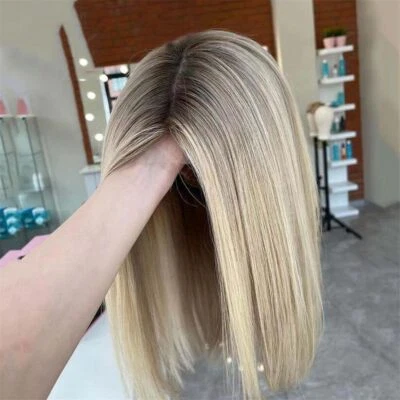 短Ombre灰金发人类头发花边前假发高亮13x4直鲍勃假发 — 第 1/4 张图片