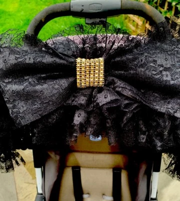 HANDMADE COCHECITO/CARRITO NEGRO VOLANTES BLING ARCO CAPUCHA RIBETE - UNIVERSAL - IMPRESIONANTE - ROMANY