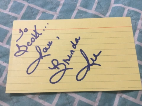 BRENDA LEE SIGNED INDEX CARD"TO SCOTT"/SINGER, LITTLE MISS DYNAMITE Cover