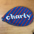 Vintage Tennis Racket Cover “Charly” Needlepoint red White Blue