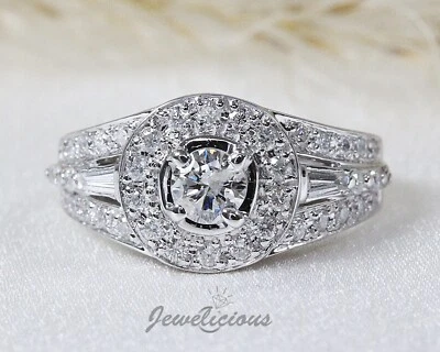 Anillo de compromiso halo redondo de diamantes naturales de 0,8 quilates de oro blanco de 14 quilates Foto 1 de 4