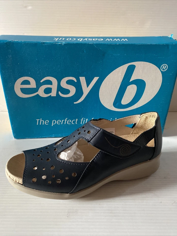 Easy B Marigold Touch Fastening navy DB Leather shoes Sandals sz 3 Wide Fit 2V - Image 1 of 4