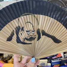Chinese Oriental Dharma Antique Vintage Black Silk Bamboo Folding Hand Fan