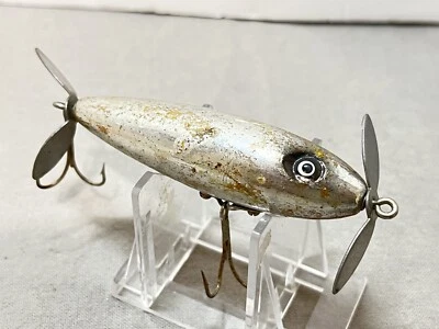 Señuelo antiguo vintage de madera desconocido color cromo y negro Topwater Foto 1 de 4