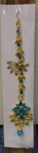 Indian Maang Tikka Jewellery Headpiece Gold Colour with Faux Turquoise Crystals - Picture 1 of 1